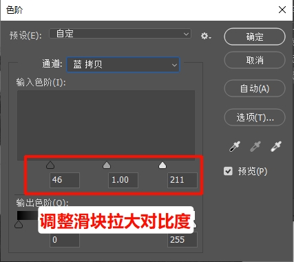 在面板色阶调整滑块，增强明暗对比，让主体更暗、背景更亮