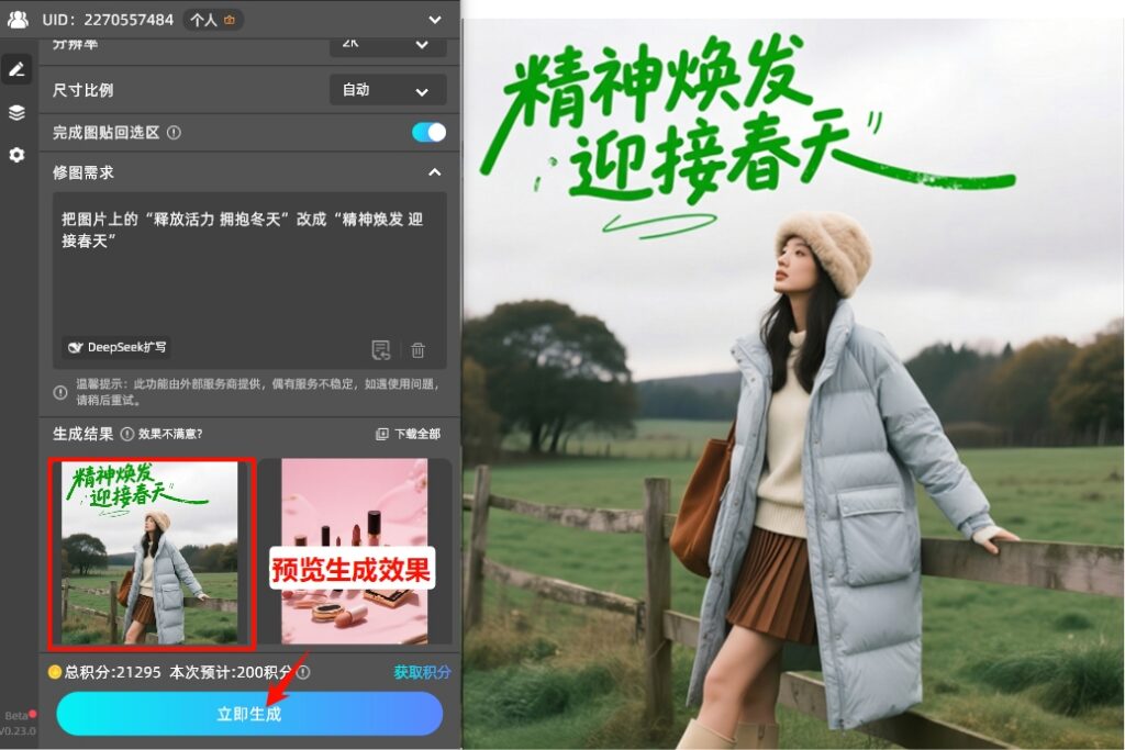  点击立即生成按钮，生成无痕改字效果