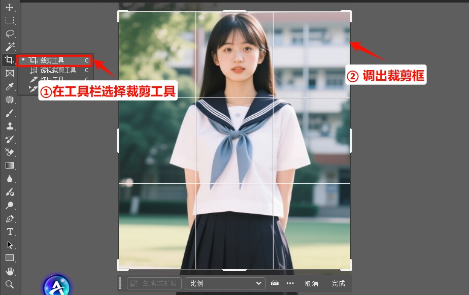 选择裁剪工具，调出裁剪框