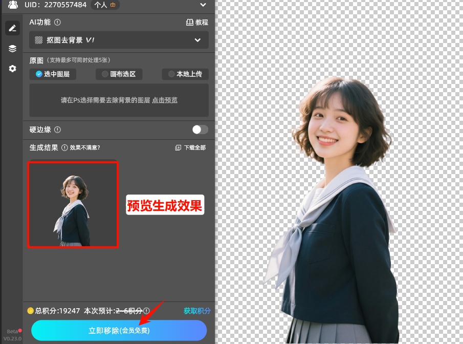 点击「立即移除」按钮，插件会自动删除背景