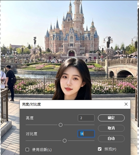 调整亮度 / 对比度,让主体光影与新背景保持一致