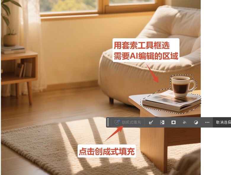 在PS中用套索工具框选需要进行 AI 编辑的区域