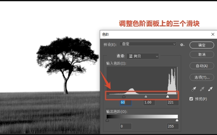 按 Ctrl+L 打开色阶面板，拖动左右两侧滑块，强化黑白对比