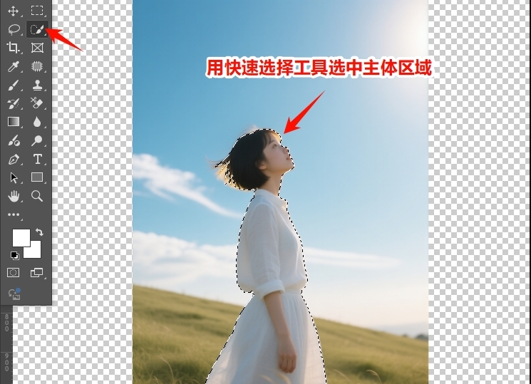 用「快速选择工具」在主体上进行涂抹