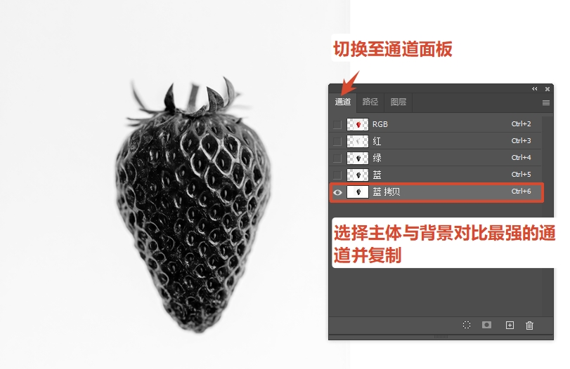 切换至“通道”面板,选择主体与背景对比最强烈的通道,并复制通道
