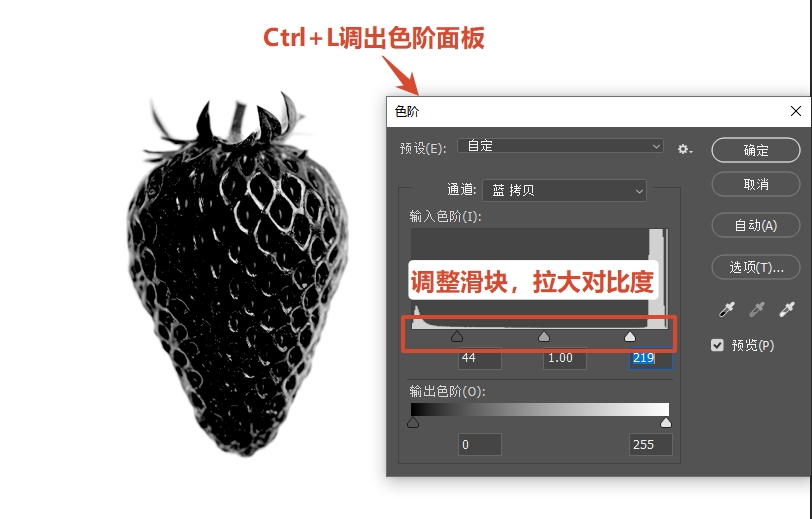 按Ctrl+L调出色阶面板,拖动黑白滑块,拉大主体与背景的对比度