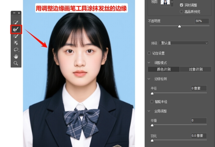 用左侧“调整边缘画笔”涂抹细节区域