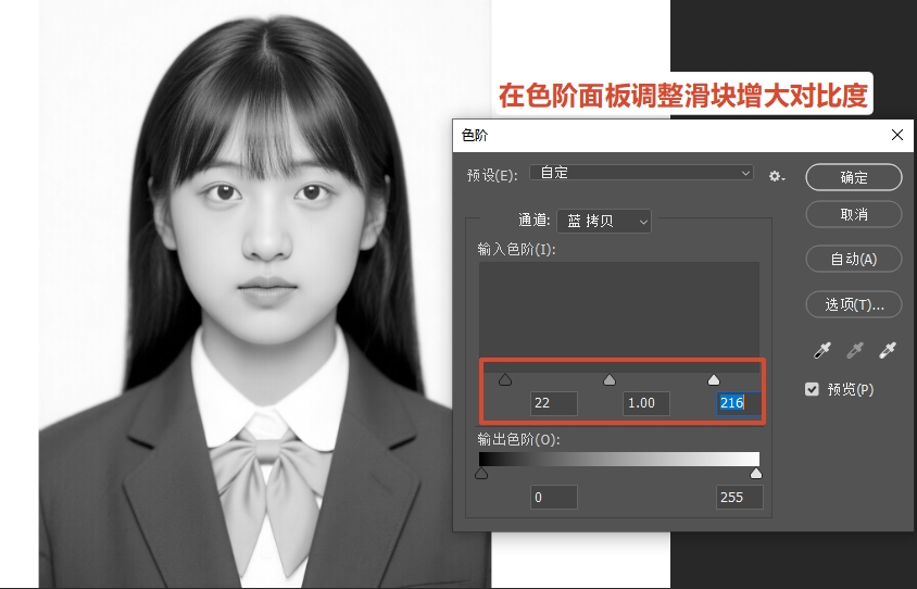 按快捷键Ctrl+L调出色阶面板，增大对比度