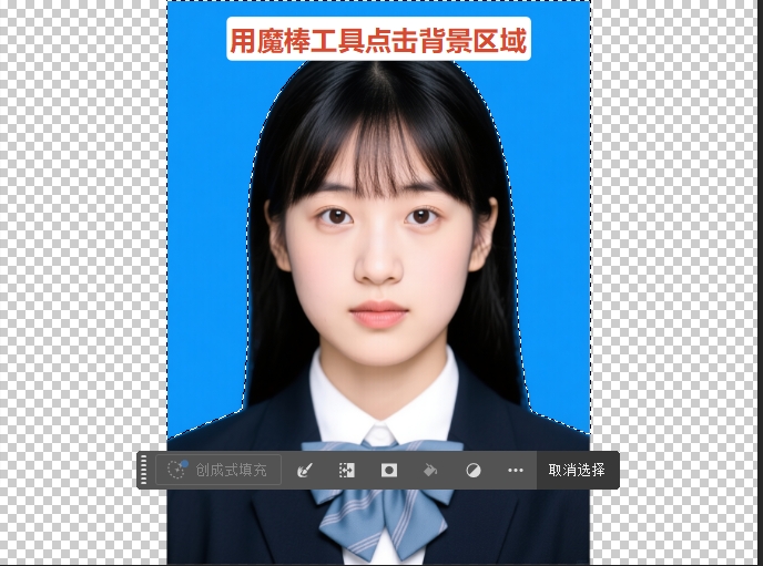 用魔棒工具点击照片原底色区域，即可选中所有背景