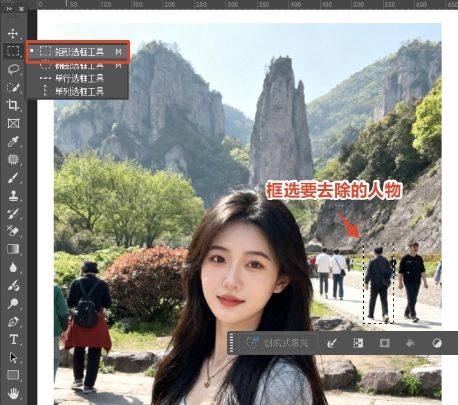 用矩形选框工具，框选需要移除的人物