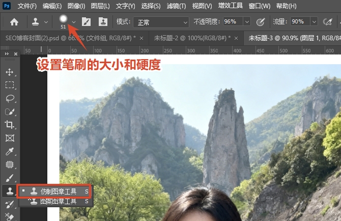 选择仿制图章工具，调整画笔大小和硬度