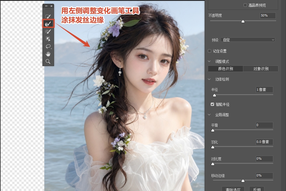 用“调整边缘画笔工具”，涂抹边缘复杂的区域
