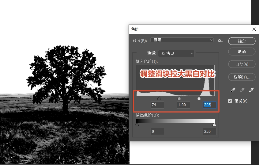 Ctrl+L打开色阶面板，拉动滑块加大黑白对比