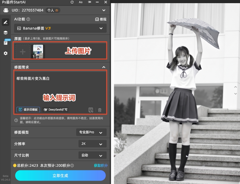 上传图片+输入提示词
