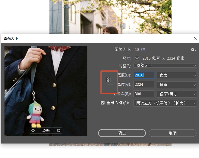 调整「像素尺寸」，同时勾选「约束比例」