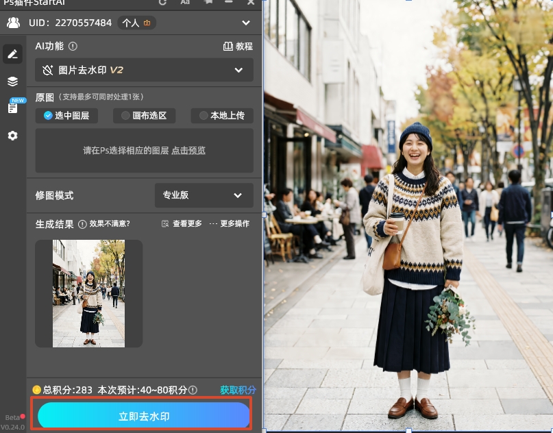 点击「立即去水印」按钮，等待3秒左右，插件即可完成文字去除