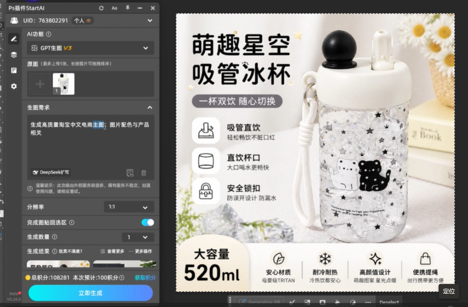 生成高质量淘宝中文电商主图，图片配色与产品相关
