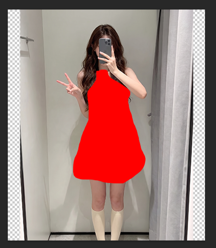 使用PS套索工具（快捷键L）圈选人物原穿的衣服区域，并填充红色以标记，方便AI识别