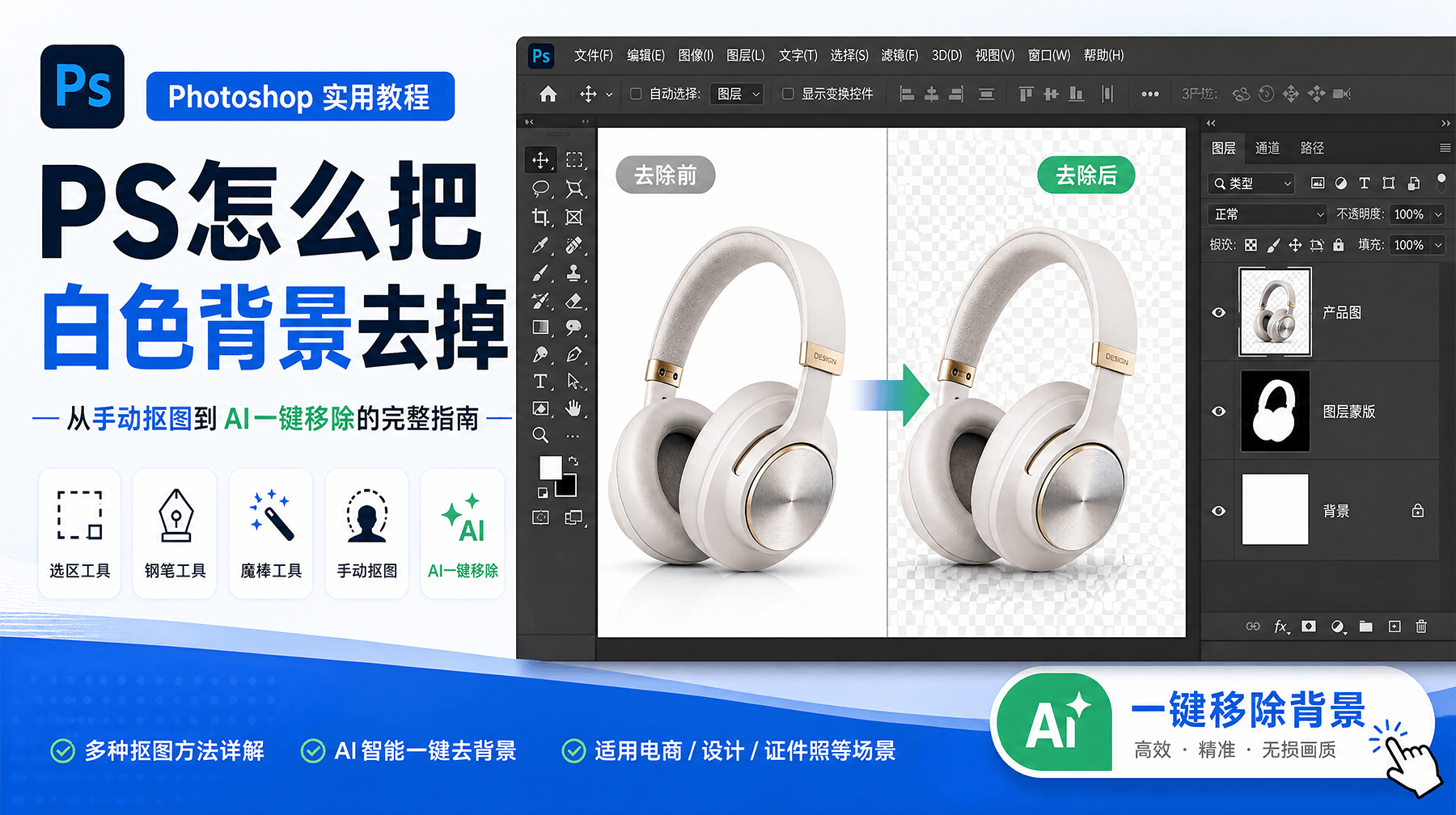 PS怎么把白色背景去掉：从手动抠图到AI一键移除的完整指南