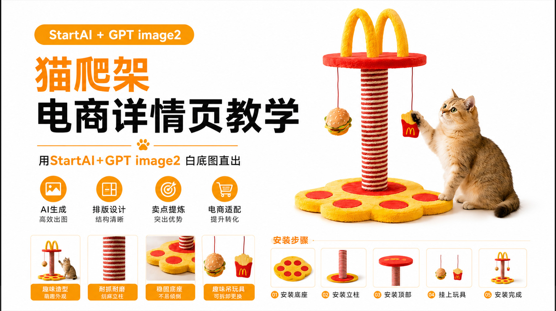 猫爬架电商详情页怎么做？用StartAI插件GPT生图3步出图