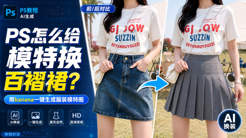 PS怎么给模特换百褶裙？用banana一键生成服装模特图