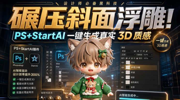 碾压斜面浮雕！PS+StartAI 一键生成真实 3D 质感