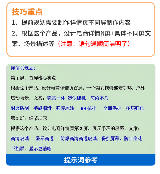 分屏输入专属提示词，逐屏生成高清详情页