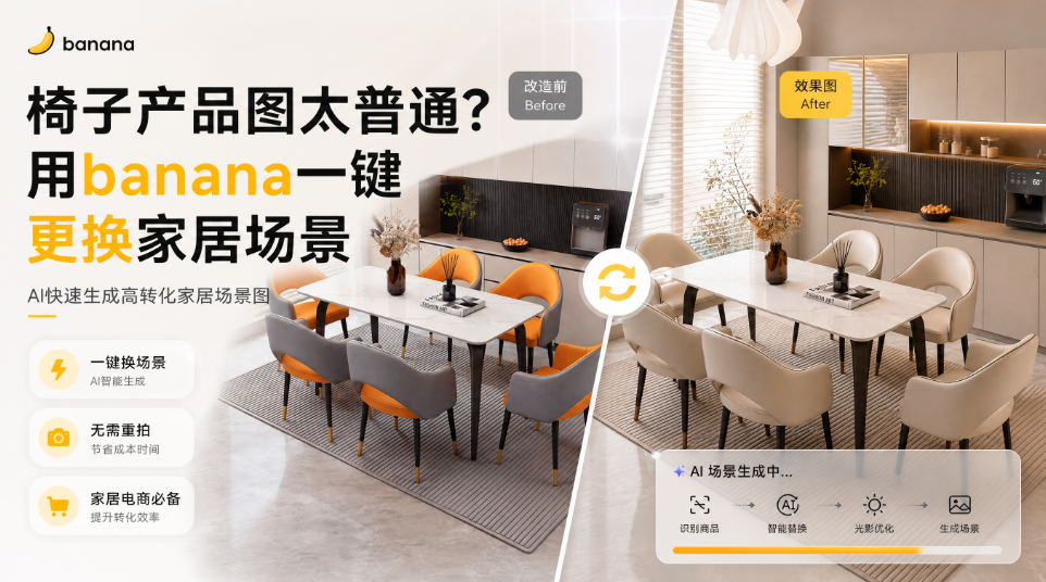 椅子产品图太普通?用banana一键更换家居场景