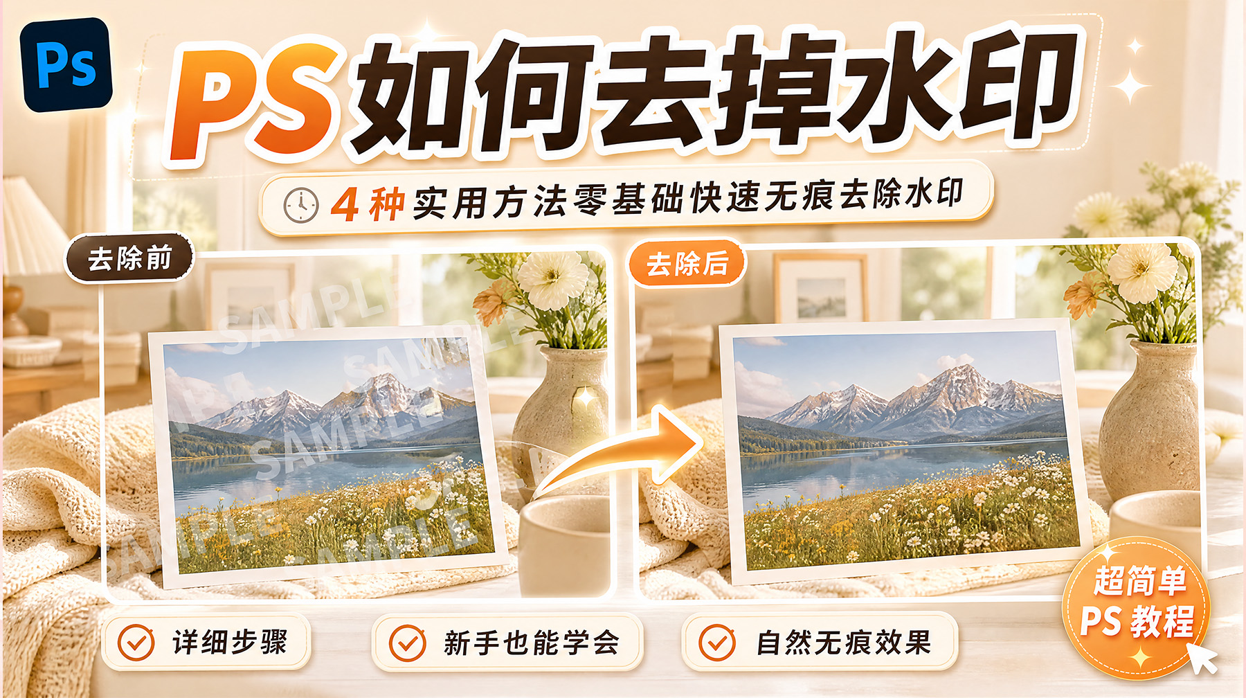 PS如何去掉水印？4种实用方法零基础快速无痕去除水印