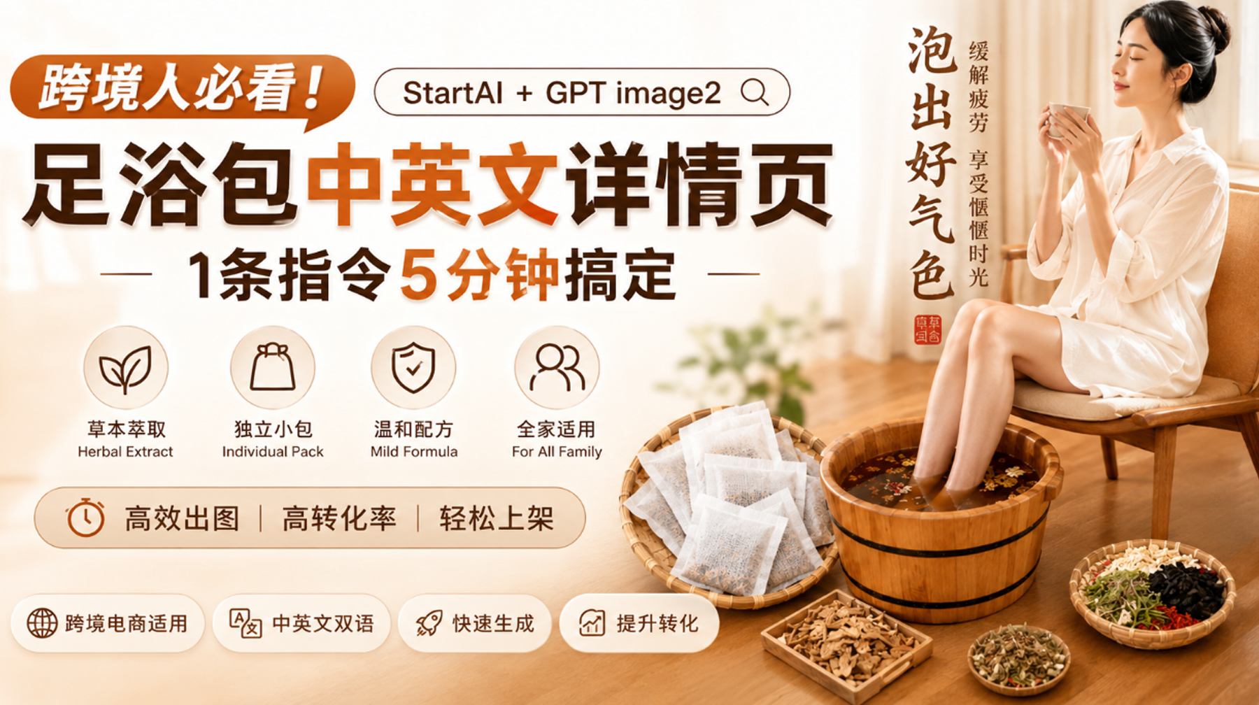 跨境人必看！足浴包中英文详情页1条指令5分钟搞定，2026年StartAI插件GPT生图实测