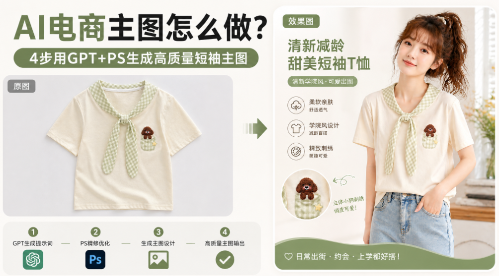 AI电商主图怎么做？4步用GPT+PS生成高质量短袖主图