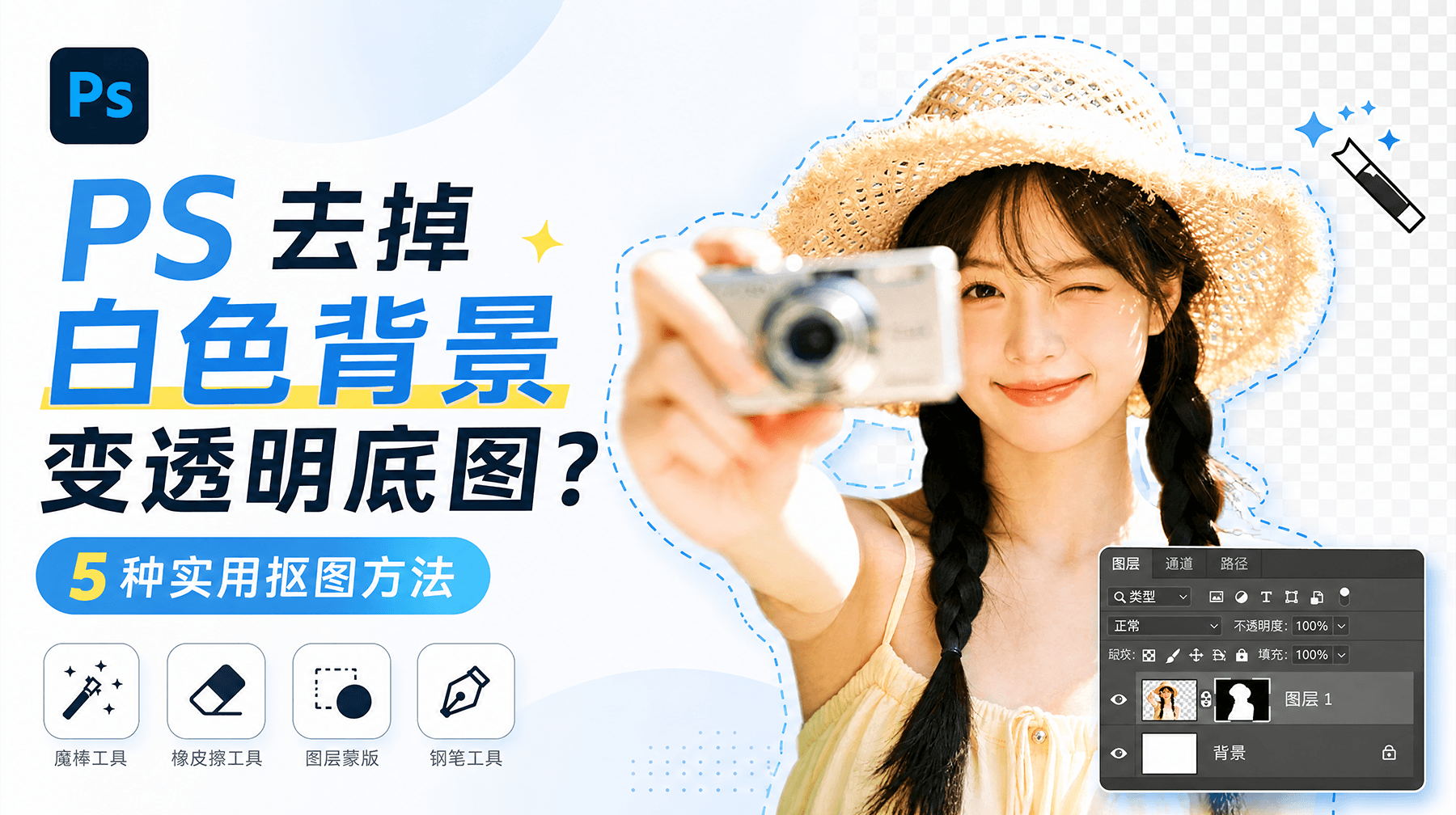 PS 去掉白色背景变透明底图？5 种实用抠图方法，新手一次学会