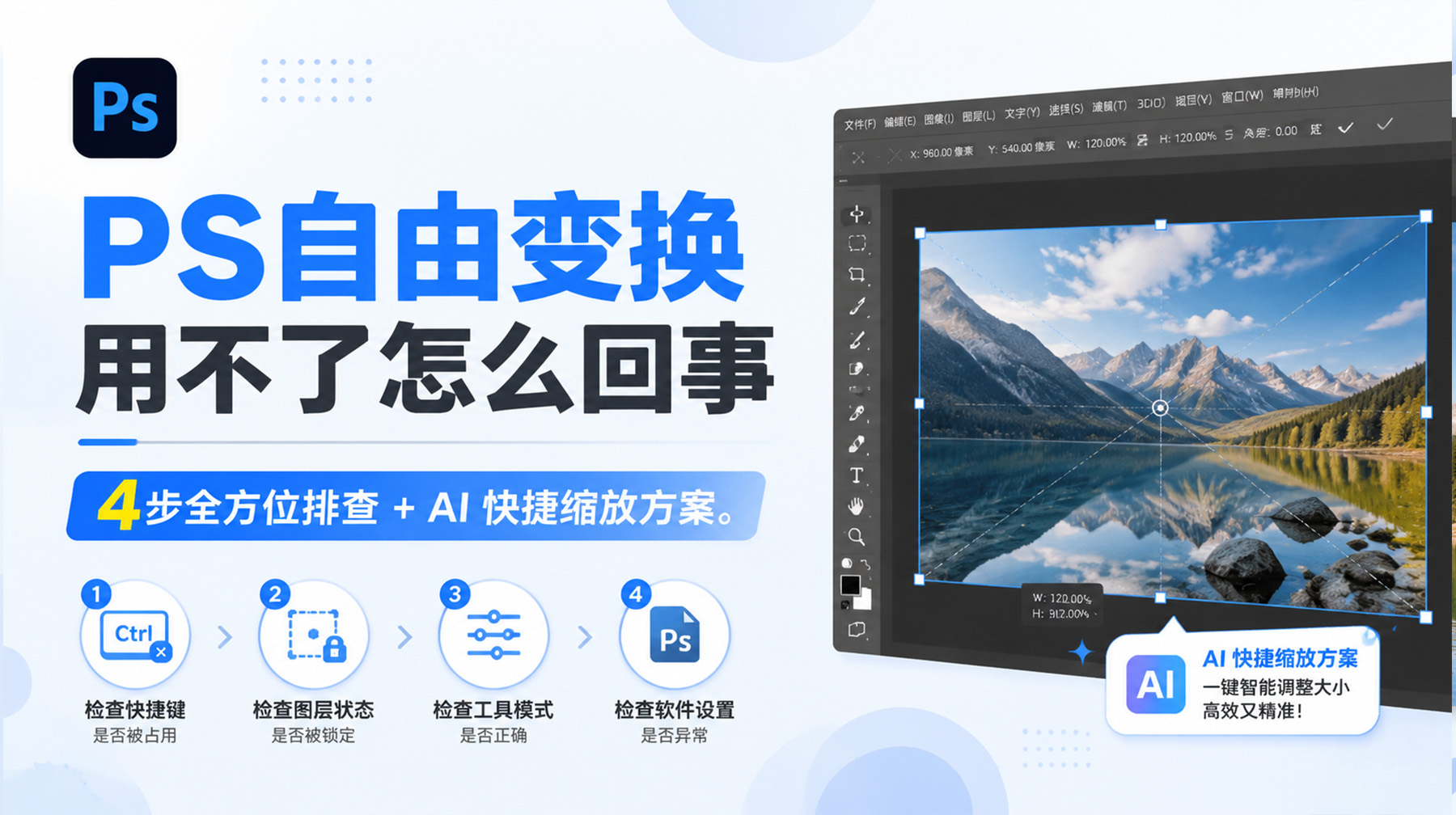 PS自由变换用不了怎么回事？4步全方位排查 + AI 快捷缩放方案