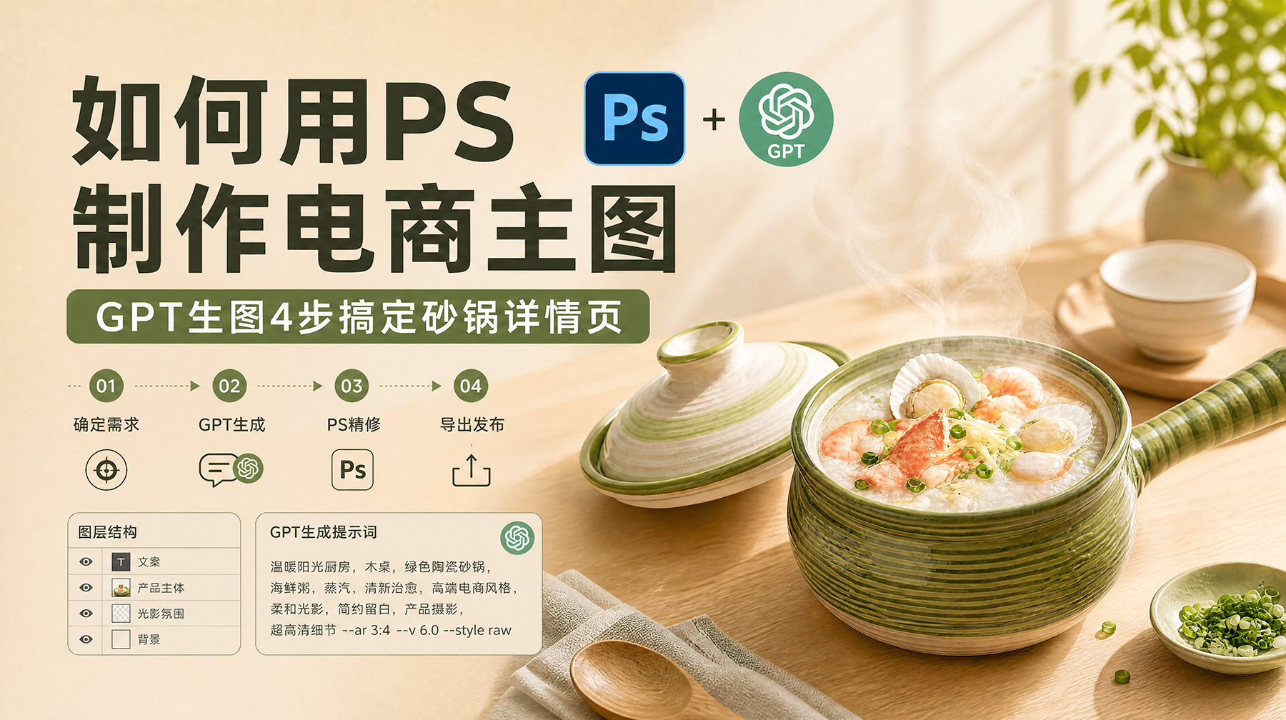 如何用PS制作电商主图：GPT生图4 步搞定砂锅详情页