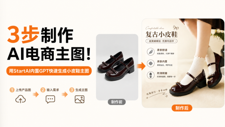 3步制作AI电商主图！用StartAI内置GPT快速生成小皮鞋主图