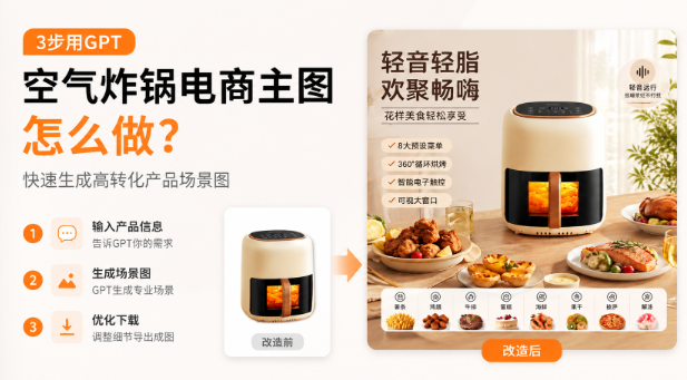 空气炸锅电商主图怎么做?3步用GPT快速生成产品场景图