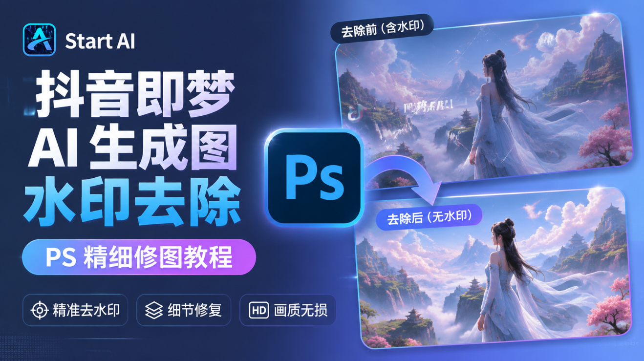 抖音即梦 AI 生成图水印去除 PS 精细修图教程