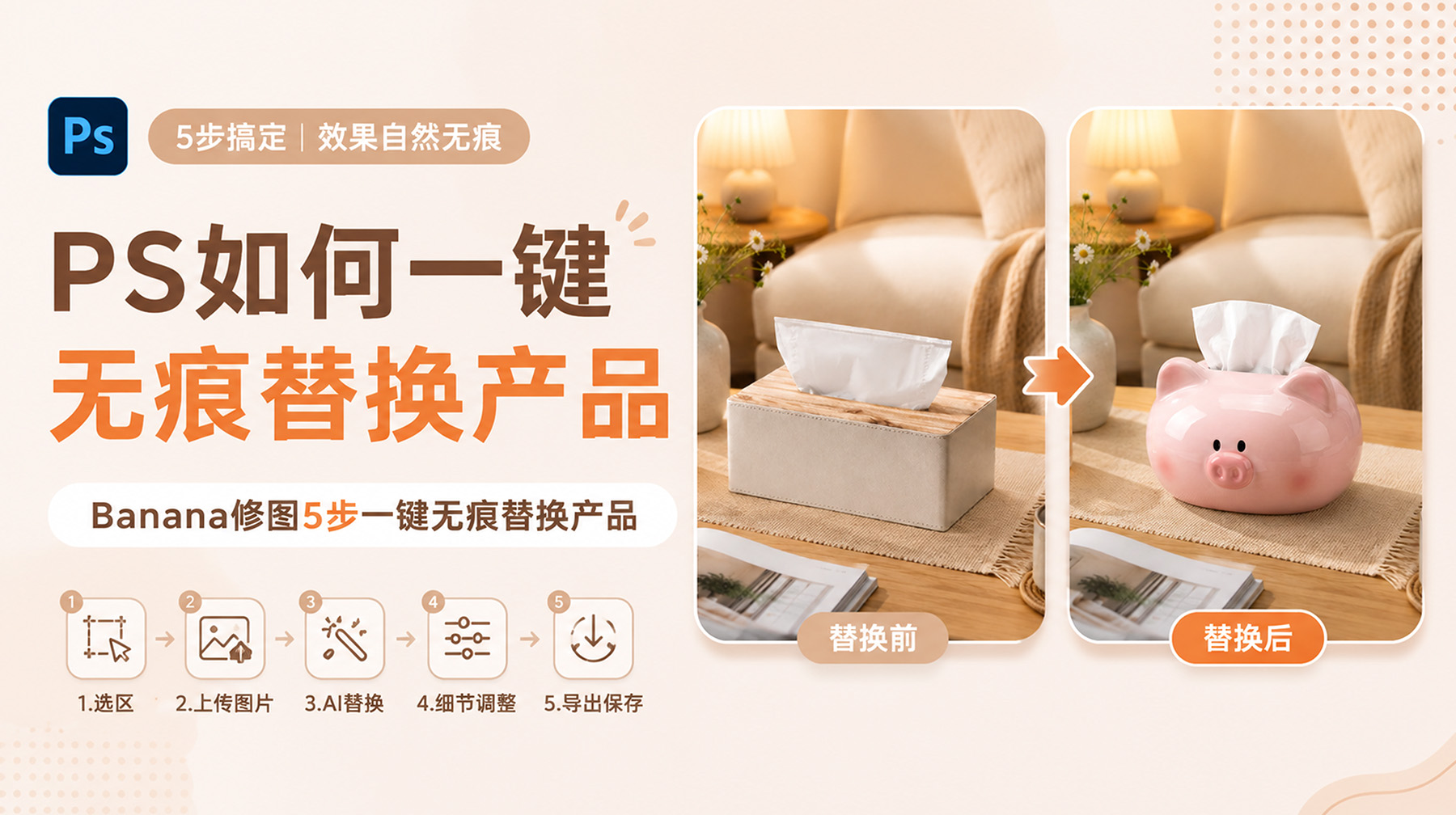 PS如何一键无痕替换产品？Banana修图5 步一键无痕替换产品