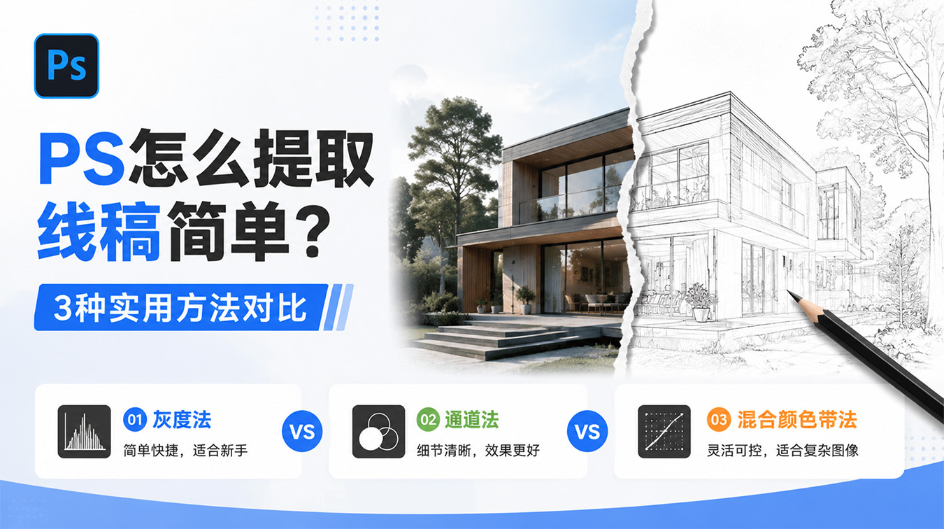 PS怎么提取线稿简单？3种实用方法对比，最后1种30秒搞定