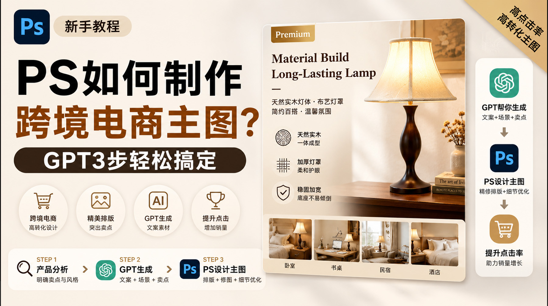 台灯详情页怎么做？PS+StartAI插件GPT生图，白底图秒变高点击详情页图