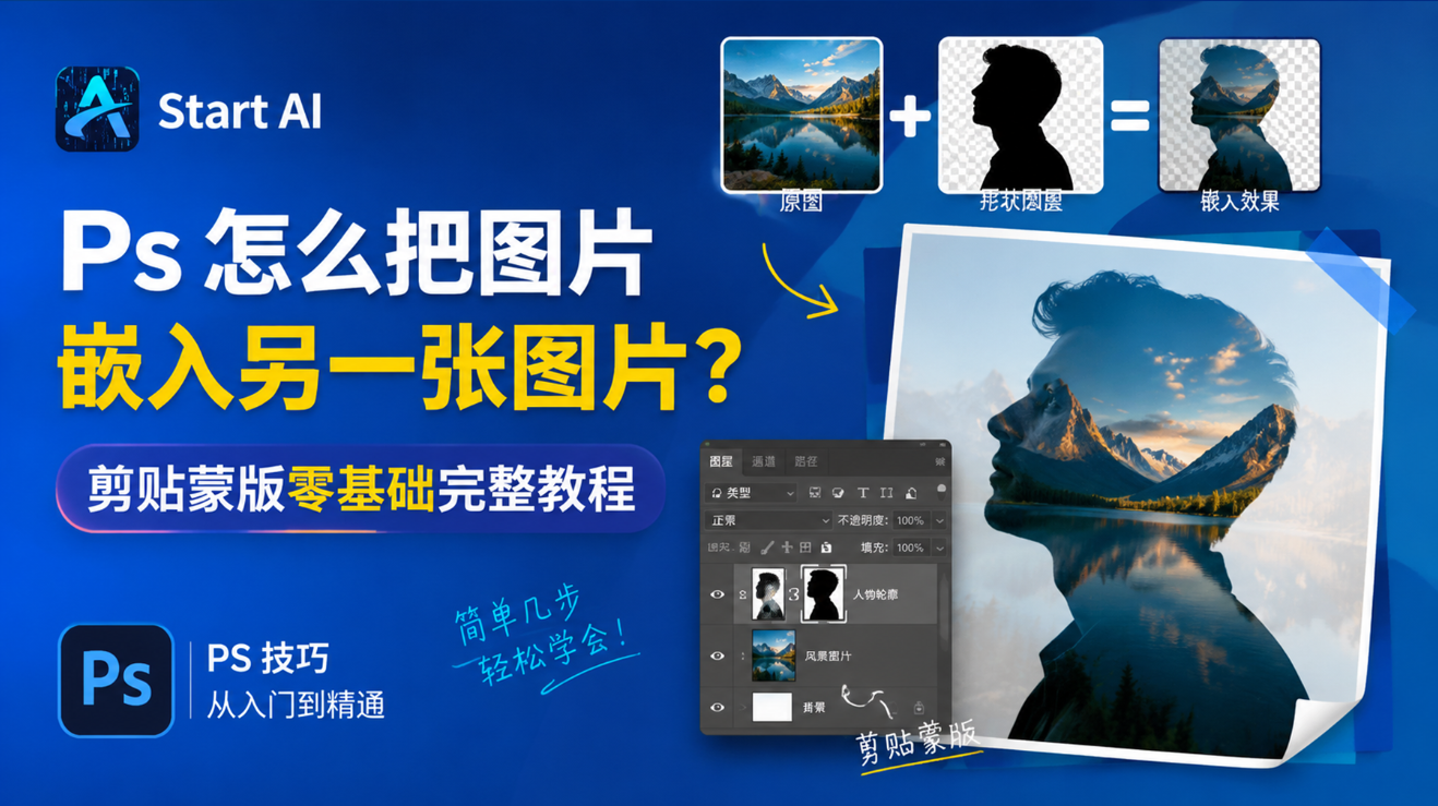 Ps 怎么把图片嵌入另一张图片？剪贴蒙版零基础完整教程