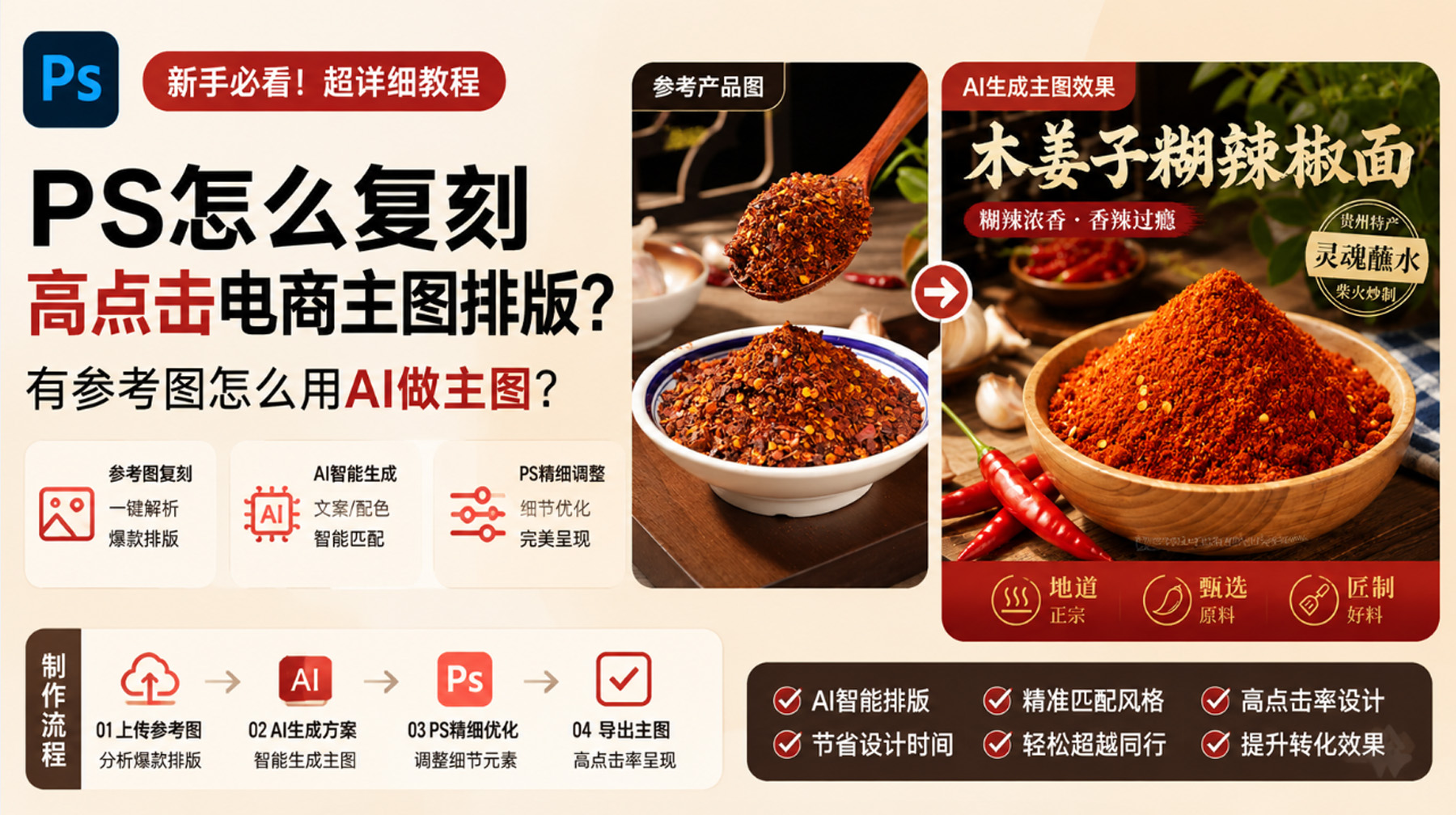 PS怎么复刻高点击电商主图排版？有参考图怎么用AI做主图？