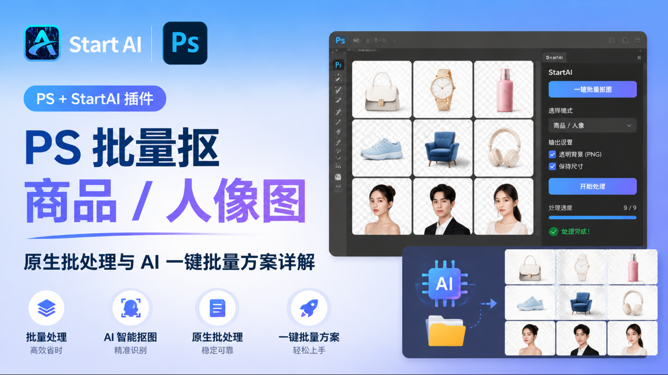 PS 批量抠商品 / 人像图，原生批处理与 AI 一键批量方案详解