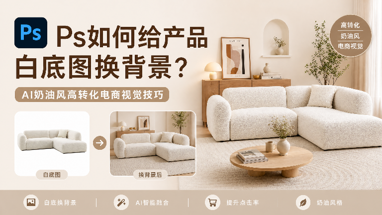 Ps如何给产品白底图换背景？AI奶油风高转化电商视觉技巧