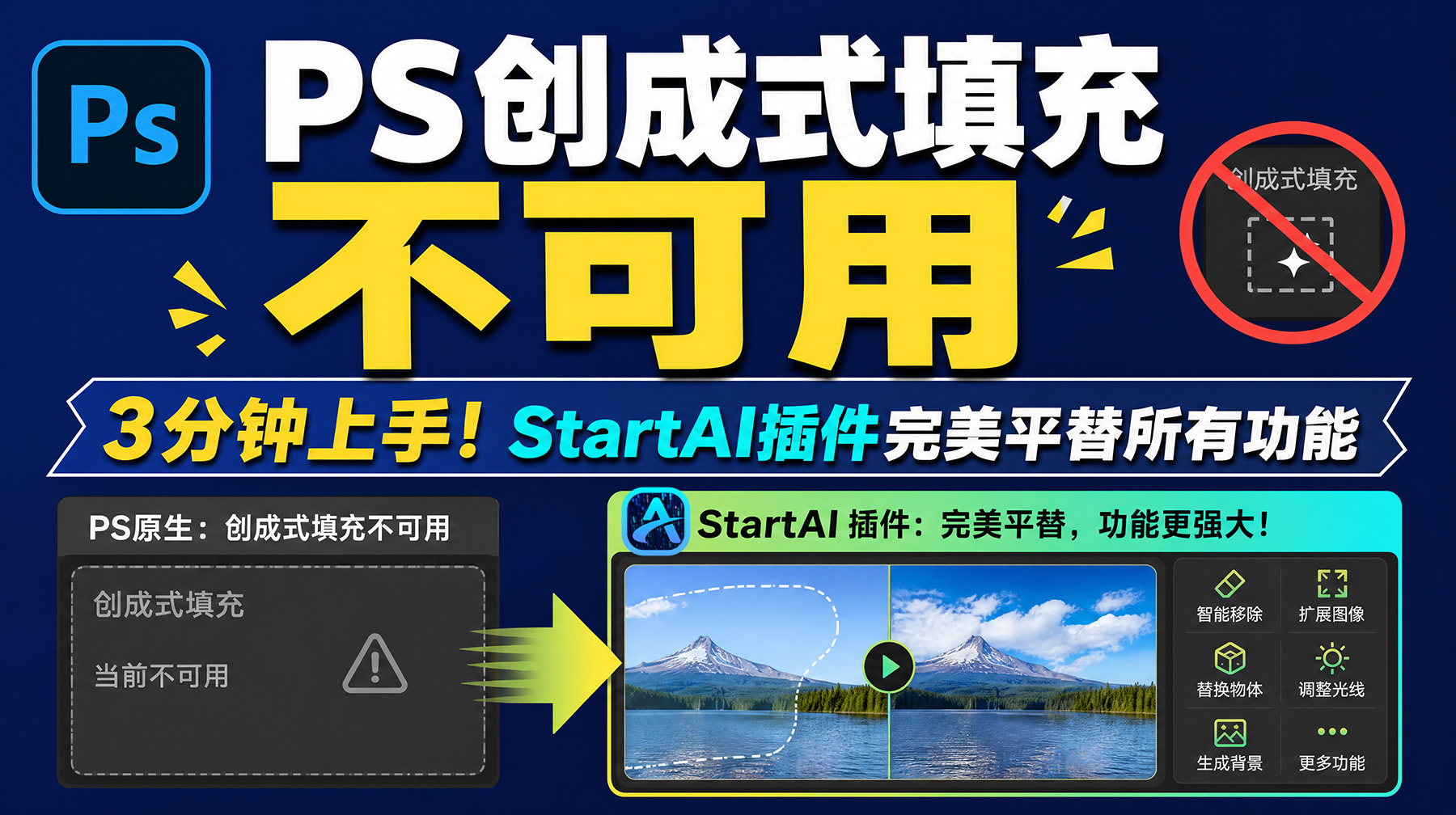 PS创成式填充不可用？3分钟上手！StartAI插件完美平替所有功能
