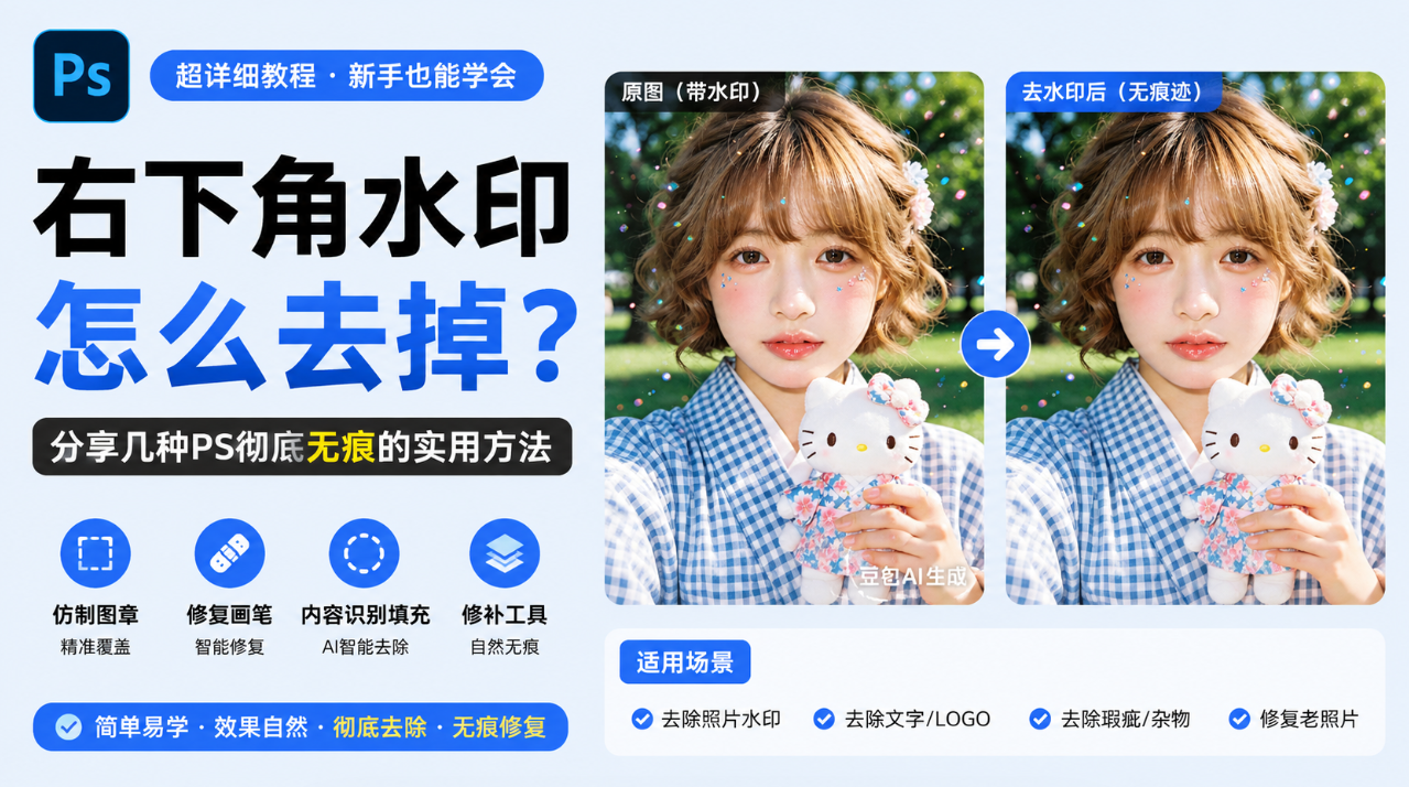 豆包右下角水印怎么去掉？分享几种彻底无痕的ps实用方法