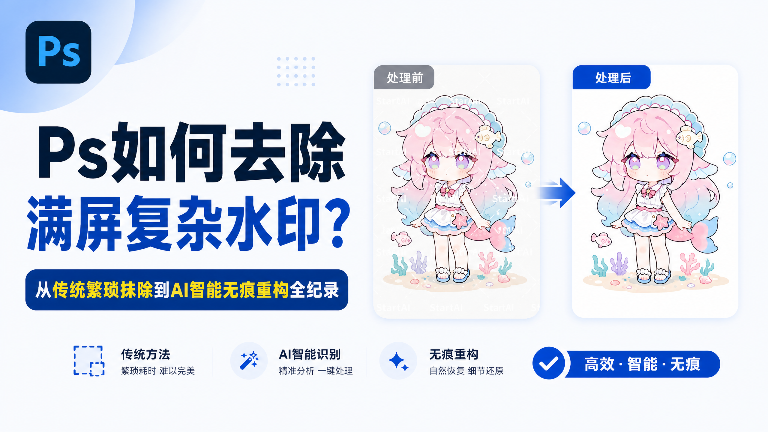 Ps如何去除满屏复杂水印？从传统繁琐抹除到AI智能无痕重构全纪录