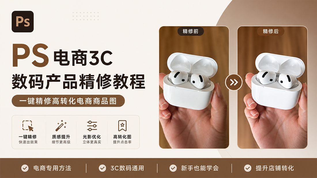 PS电商3C数码产品精修教程｜一键精修高转化电商商品图
