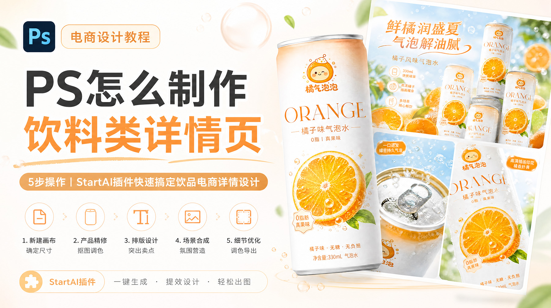 PS怎么制作饮料类详情页？5步操作｜StartAI插件快速搞定饮品电商详情设计