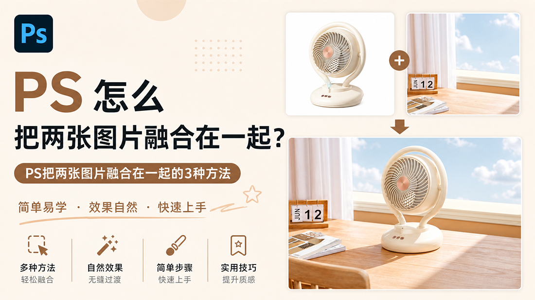 ps怎么把两张图片融合在一起？ps把两张图片融合在一起的3种方法